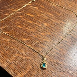 Gold Teardrop Necklace with Aqua Blue Gem